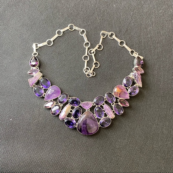 Charoite Necklace with Faceted Amethyst, Charoite and Biwa Pearl Bib Necklace - Picture 15 of 16